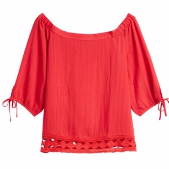 Greylin Tops - Anthropologie Greylin red off the shoulder 3/4 sleeve lace hem top large